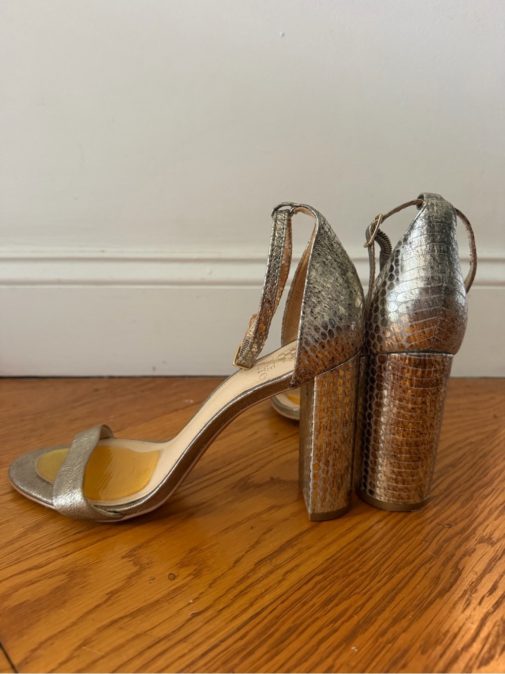 Vince Camuto Metallic Silver Snake-Textured Block Heel Sandals